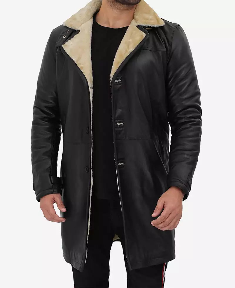Men's 3/4 Black Length Shearling Leather Coat image 0