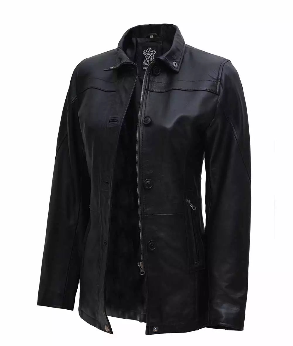 Bristol Women's Black 3/4 Length Leather Car Coat image 2