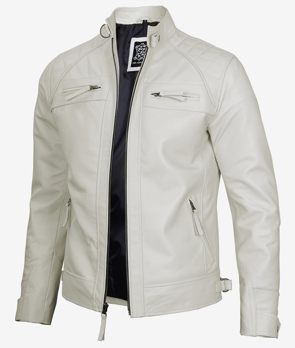 Men's Off White Quilted Shoulder Cafe Racer Leather Jacket image 1