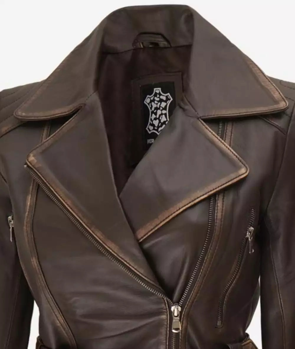 Women's Asymmetrical Rub Off Dark Brown Leather Belted Jacket image 1