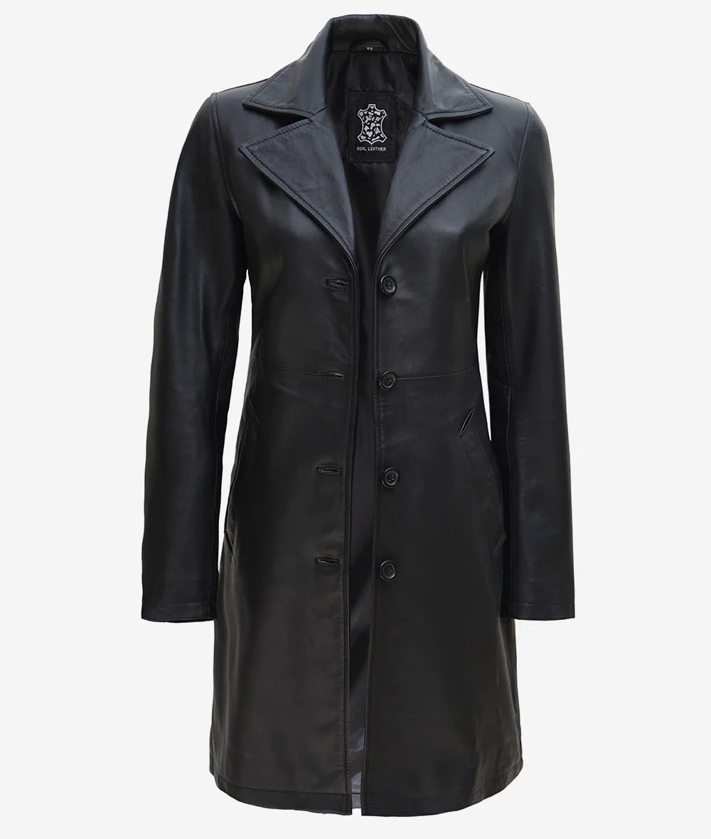 Women's Black Long Leather Trench Coat image 1