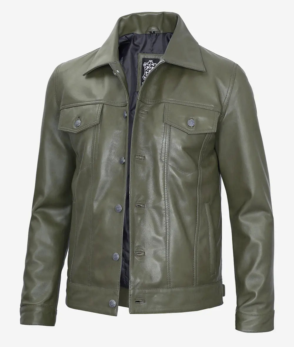 Men's Military Green Four Pockets Leather Trucker Jacket image 1