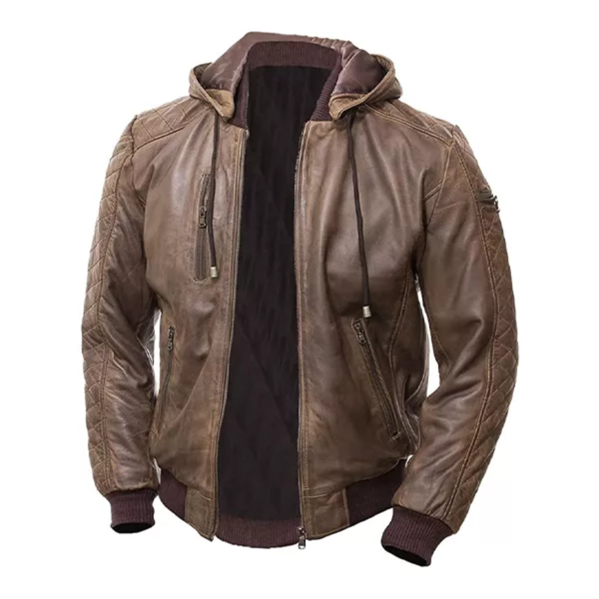 Men’s Brown Leather Hooded Jacket image 0