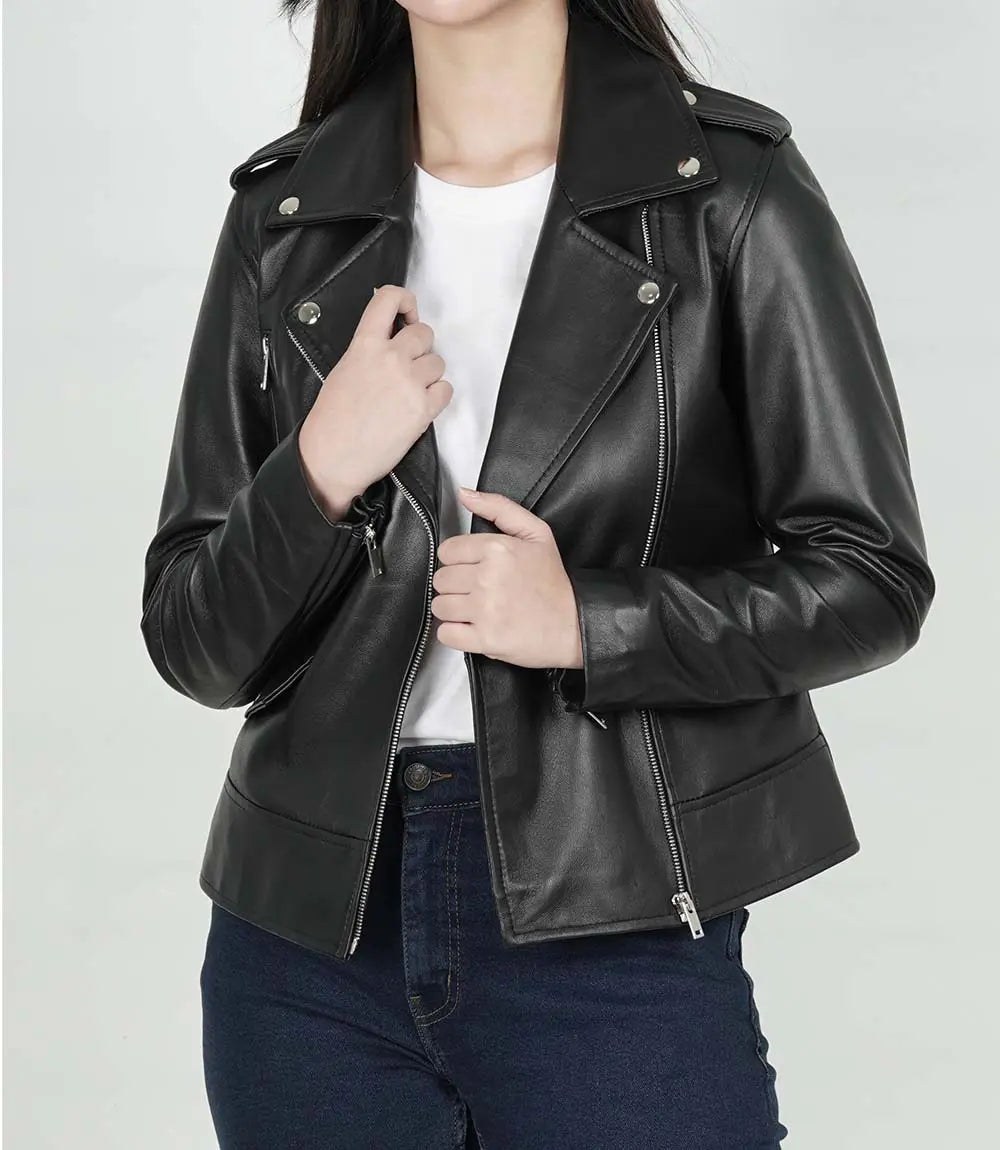 Women's Amber Asymmetrical Black Leather Jacket image 0
