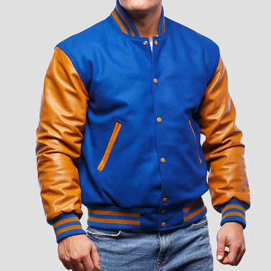 Bright Royal Wool Varsity Jacket with Old Gold Leather Sleeves image 0