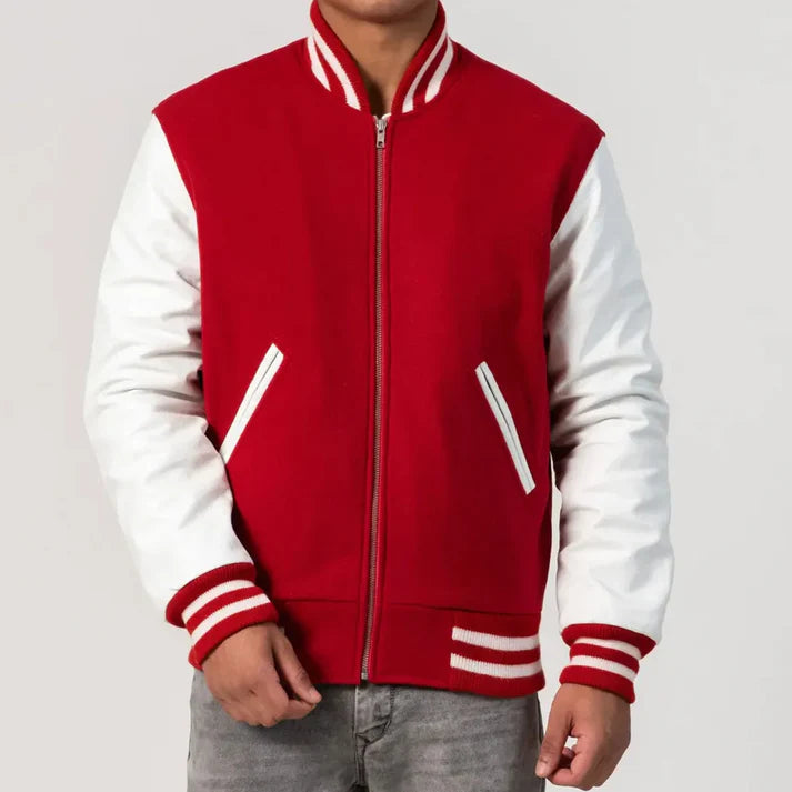 Men's Scarlet & White Wool Varsity Jacket image 1