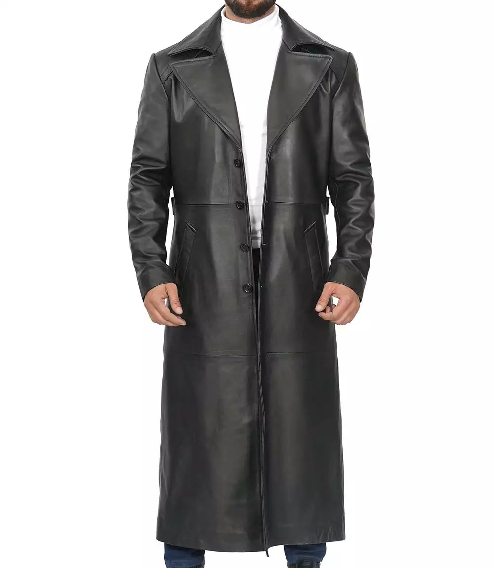 Men's Black Full-Length Leather Trench Coat image 1