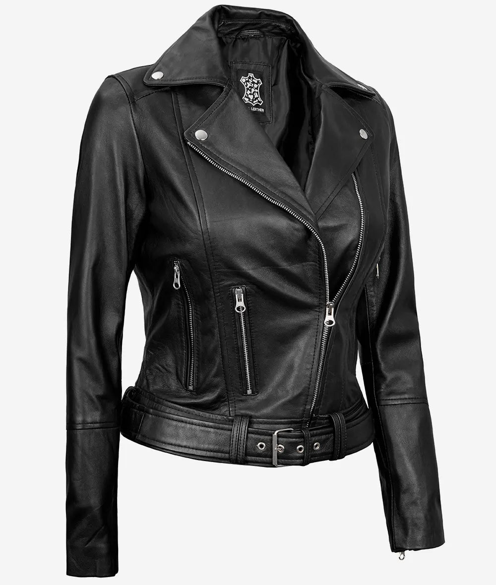 Women's Black Asymmetrical Belted Leather Moto Jacket image 1