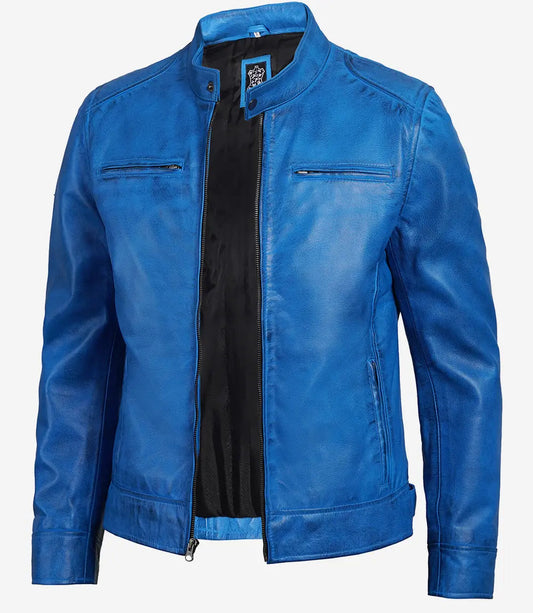 Men's Cafe Racer Real Lambskin Blue Leather Jacket image 0