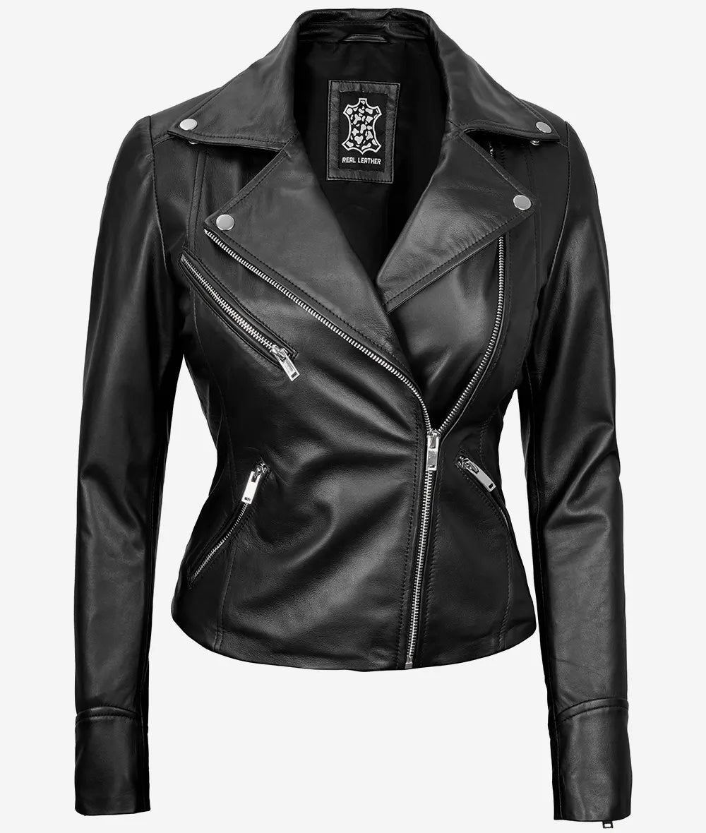 Rita Women's Black Asymmetrical Leather Biker Jacket image 1