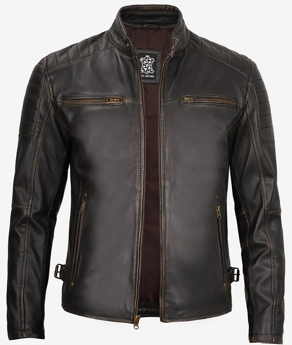 Men's Brown Rub Off Cafe Racer Leather Jacket image 1