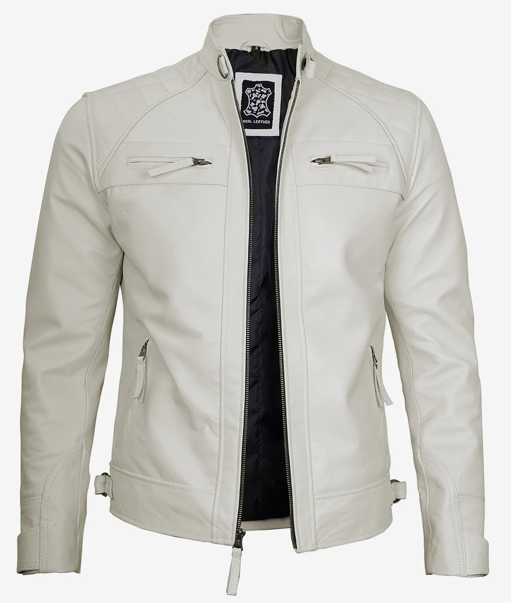Men's Off White Quilted Shoulder Cafe Racer Leather Jacket image 0