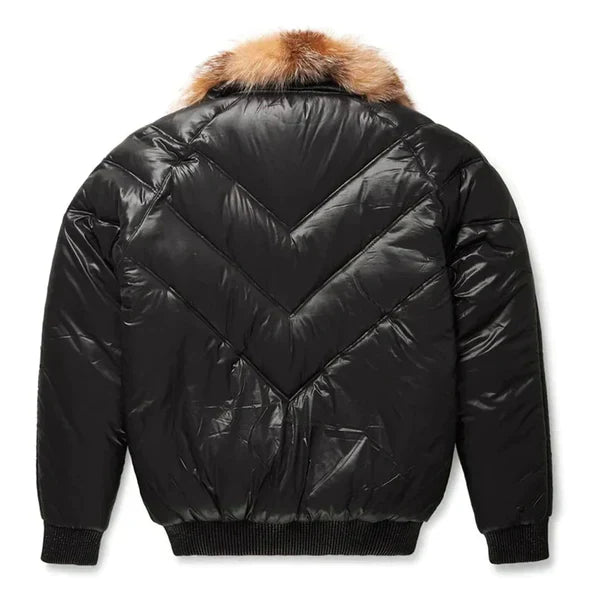 Men's V-Bomber Bubble Faux Shearling Black Leather Jacket image 1