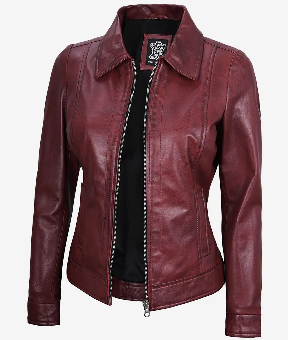 Women's Maroon Shirt Collar Leather Jacket image 1