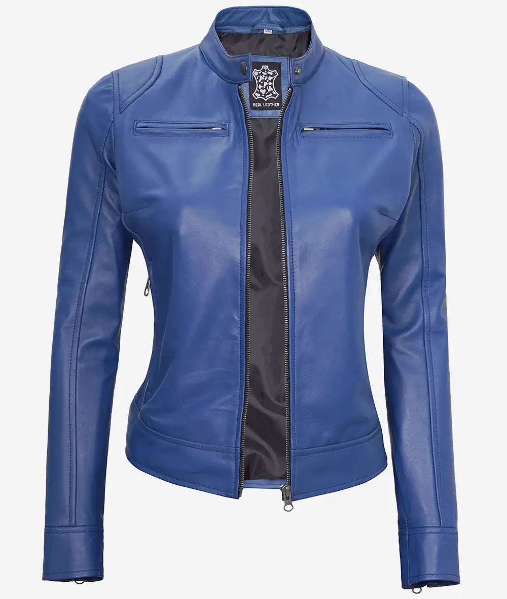 Women's Blue Slim Fit Cafe Racer Leather Jacket image 0