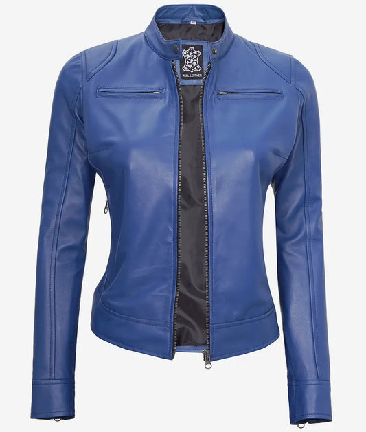 Women's Blue Slim Fit Cafe Racer Leather Jacket image 0