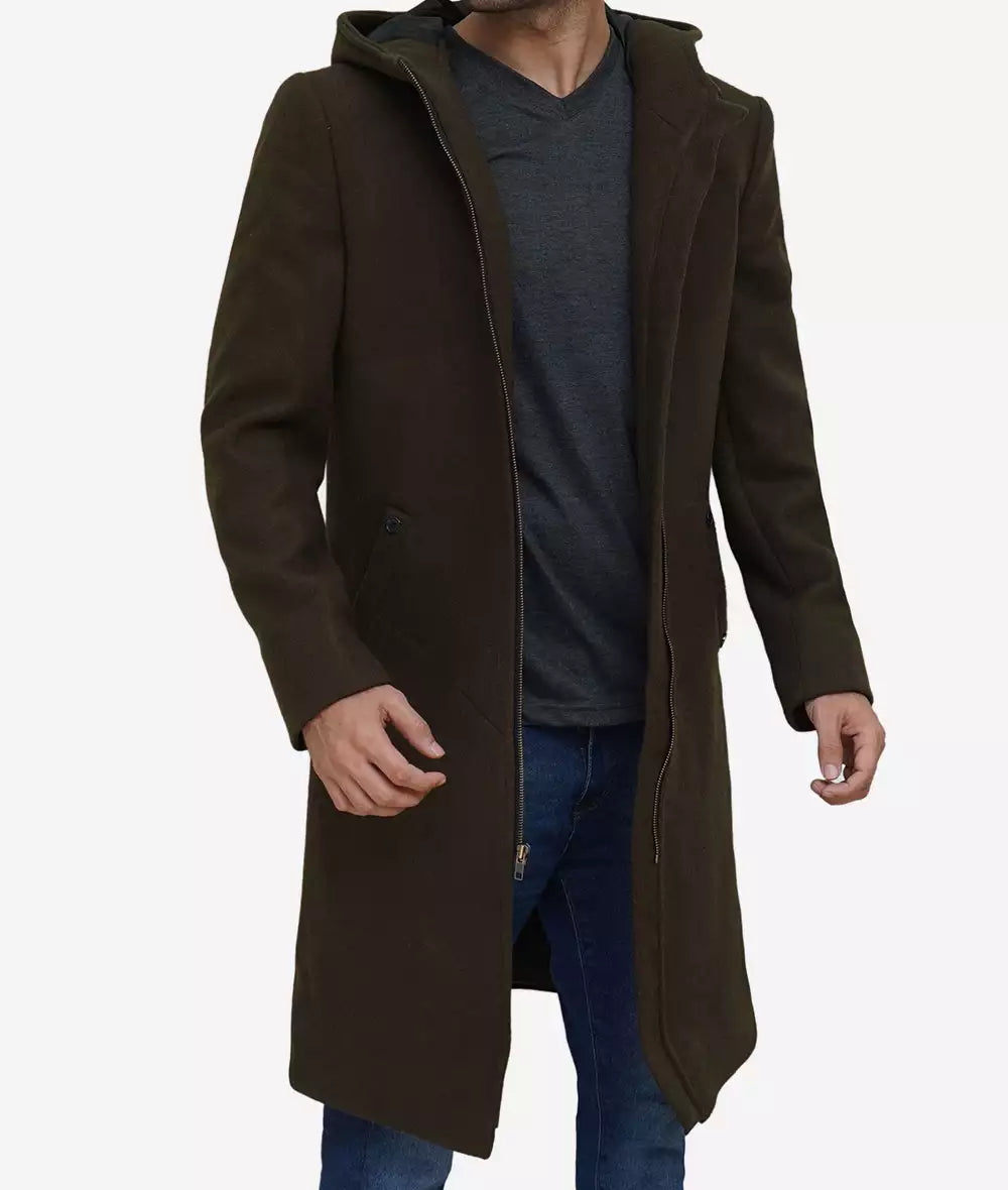 Delbert Men's Olive Green Premium Wool Coat with Hood image 1