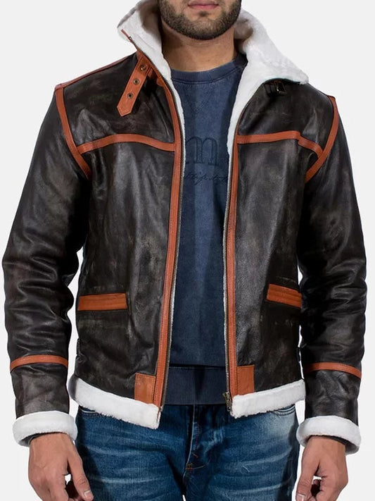 Distressed Brown Shearling Leather Jacket Mens image 0