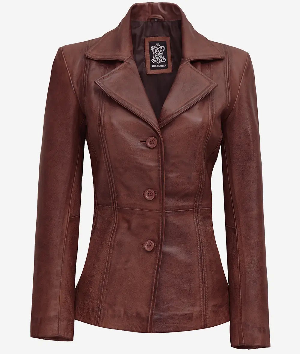 Women's Cognac Button Down Leather Blazer image 1