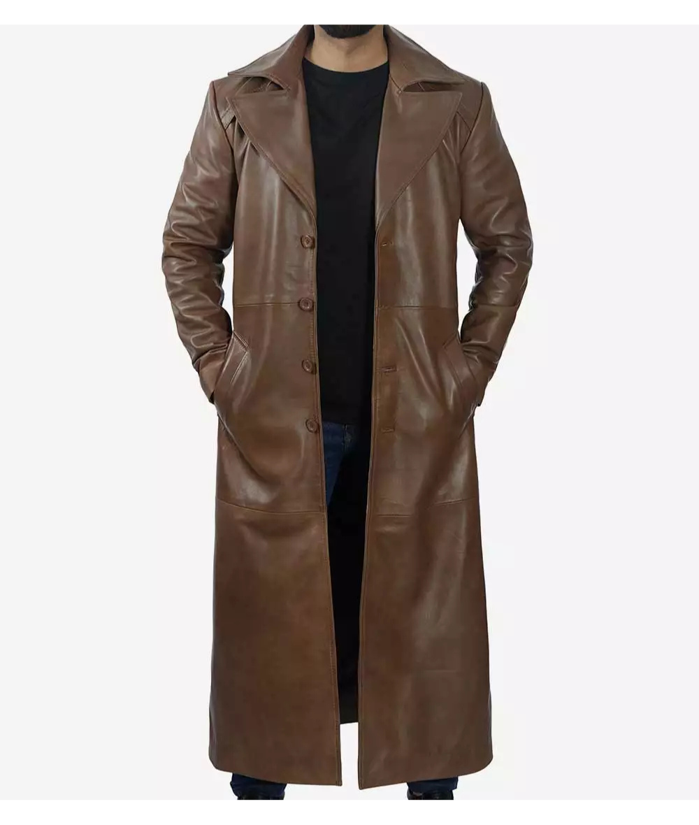 Men's Brown Full Length Leather Coat - Duster Coat image 1