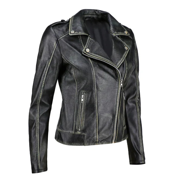 Women's Black Handwaxed Zip-Up Moto Leather Jacket image 1