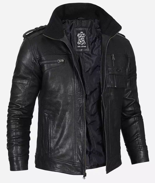 Men's Washed Black Real Leather Biker Jacket image 0