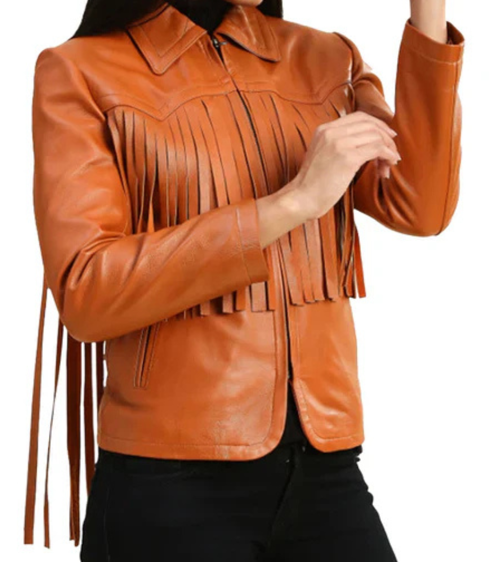 Women's Brown Fringe Stylish Leather Jacket image 1