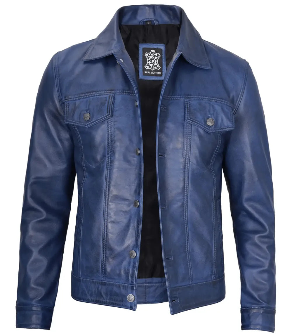 Men's Blue Real Lambskin Leather Trucker Jacket image 1