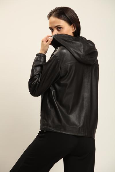 Black Leather Jacket With Detachable Hood Women image 1