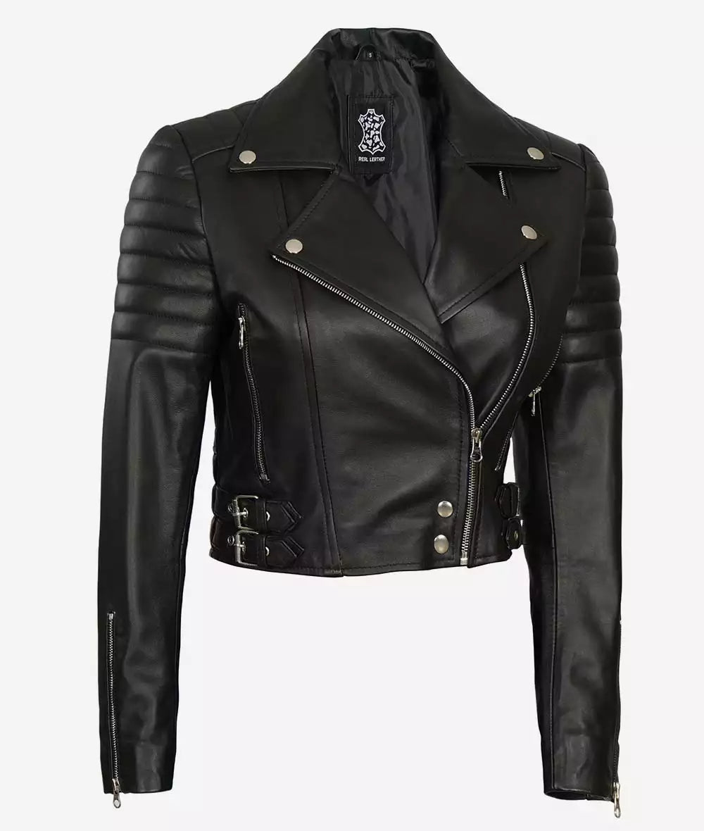 Women's Black Asymmetrical Cropped Moto Leather Jacket image 1