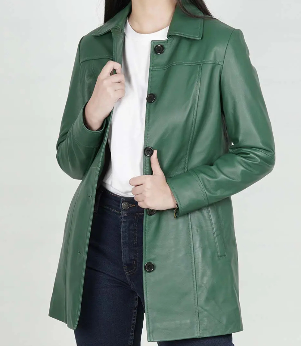 Women's Real Leather 3/4 Length Button Down Green Coat image 0