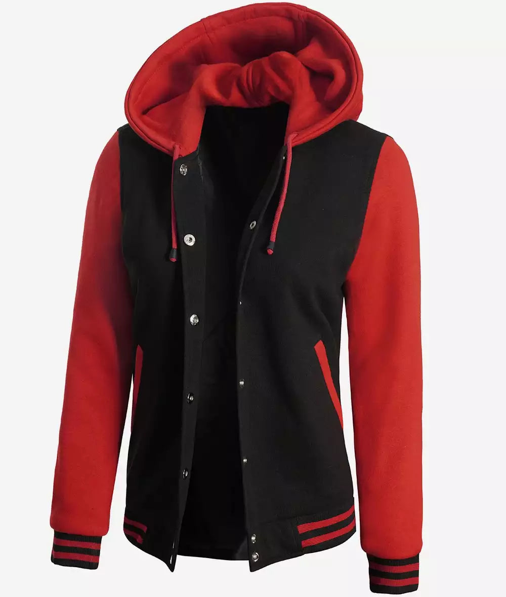 Women's Black and Red Hooded Varsity Jacket - Baseball Style image 1
