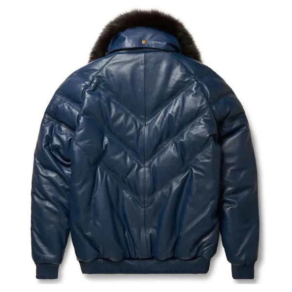 Men's V-Bomber Faux Shearling Navy Blue Leather Jacket image 1