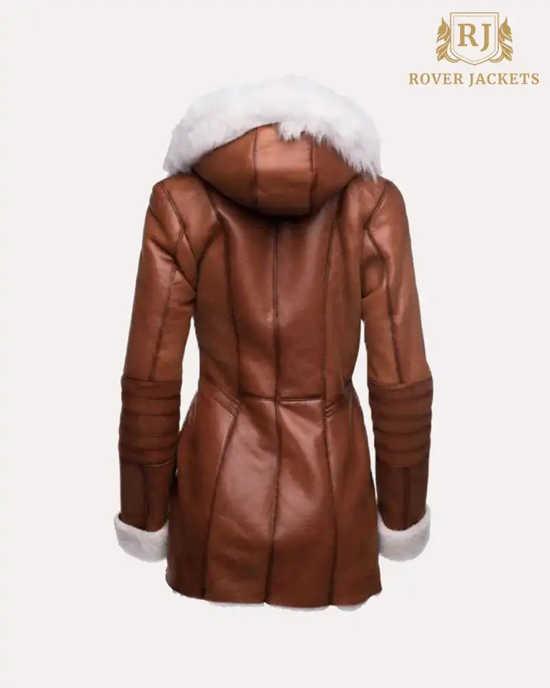 Womens Tan Shearling Trench Style Leather Coat with Fur Hooded image 1