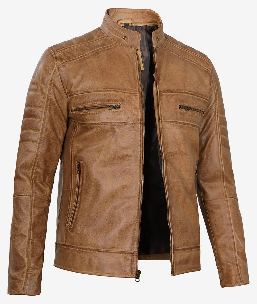 Men's Camel Brown Real Leather Jacket - Cafe Racer Style image 1