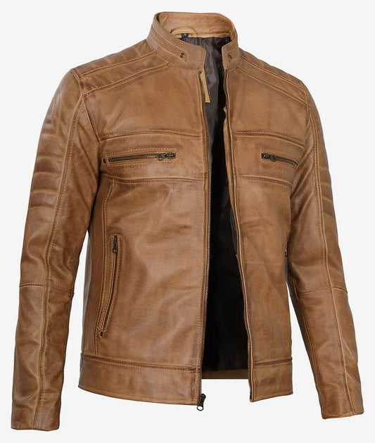 Men's Camel Brown Real Leather Jacket - Cafe Racer Style image 1
