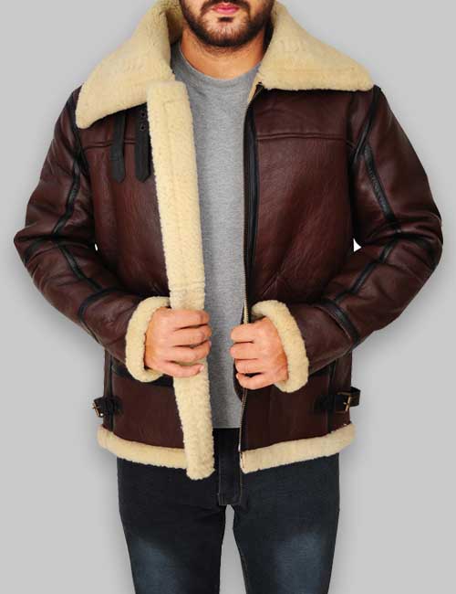 B3 RAF Men Shearling Brown Leather Jacket image 2