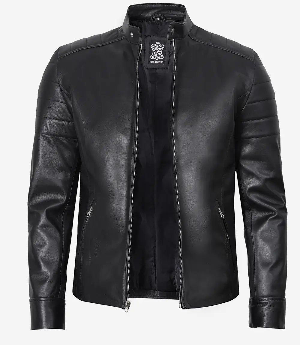 Men's Black Cafe Racer Real Leather Jacket image 1