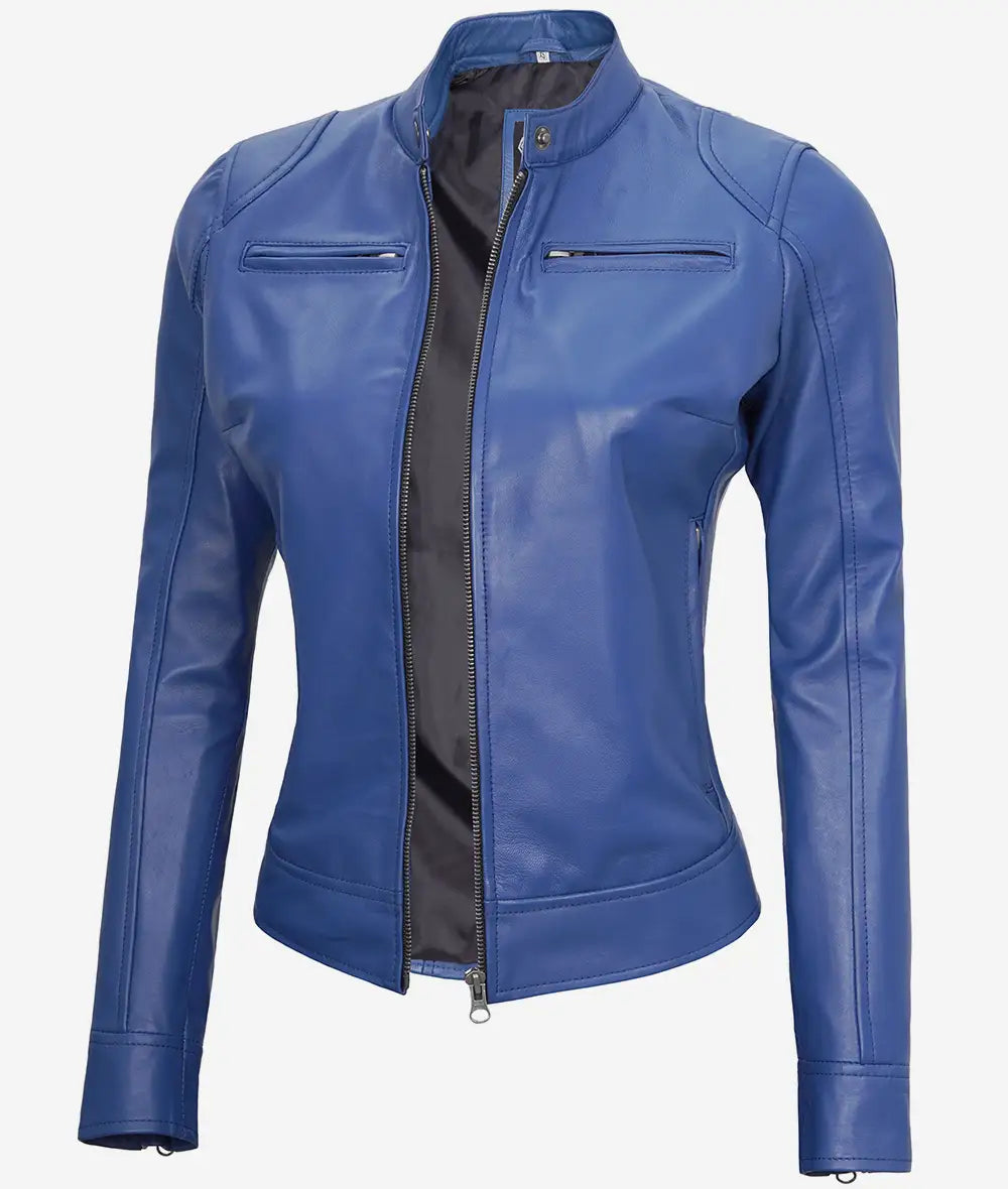 Women's Blue Slim Fit Cafe Racer Leather Jacket image 1