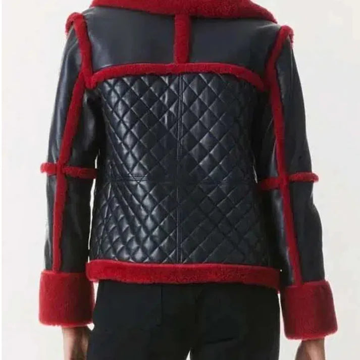 Women's Red Faux Fur Aviator Leather Jacket image 1