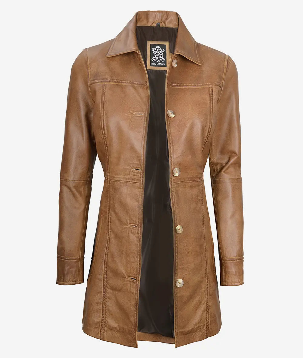Women's Camel Brown Real Leather Coat image 1
