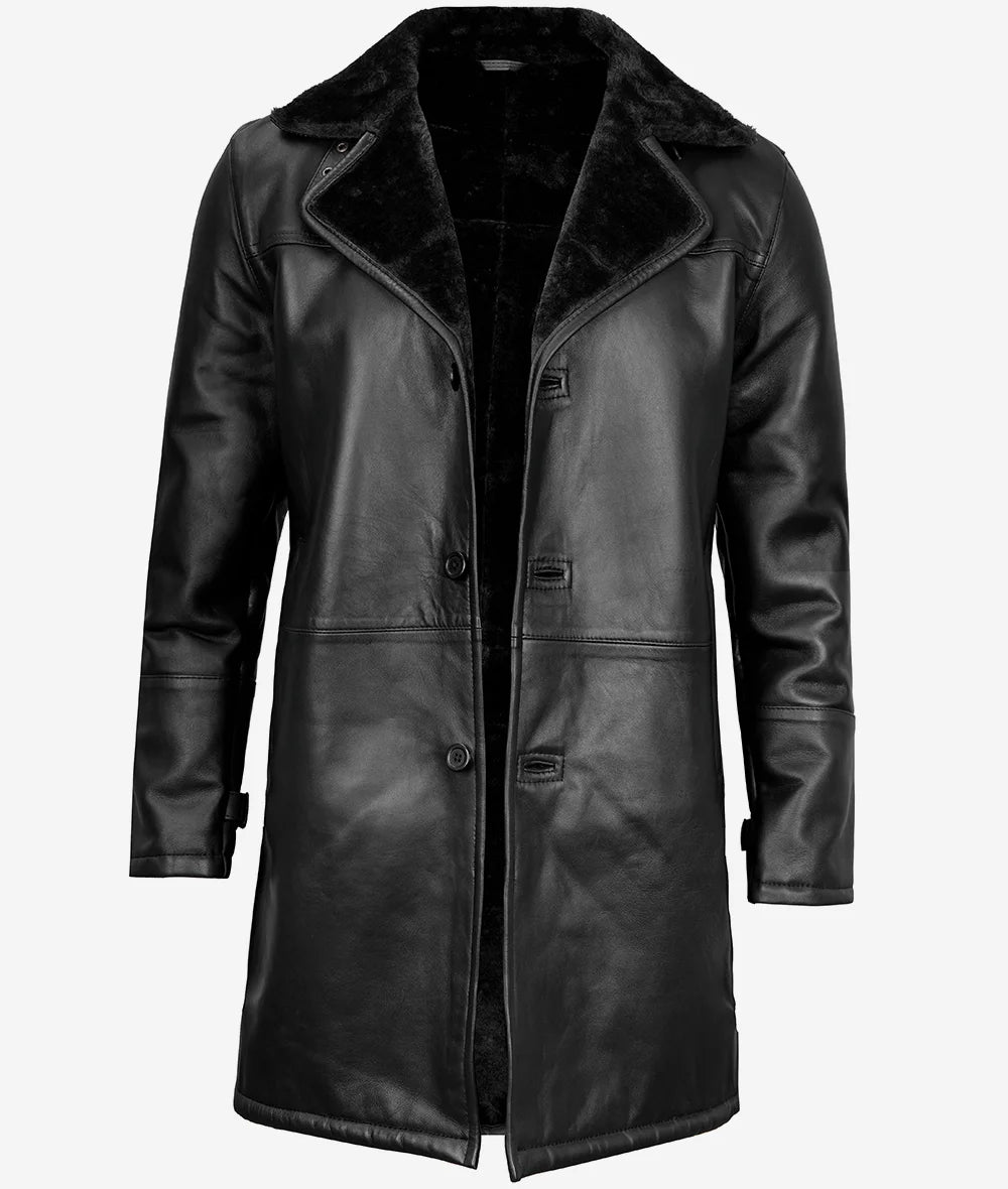 Men's Three-Quarter Black Shearling Leather Coat image 1