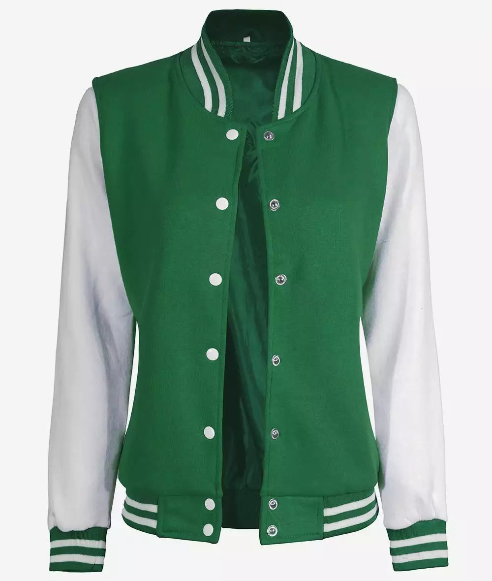 Women's White and Green Letterman Bomber Jacket - Baseball Style image 0