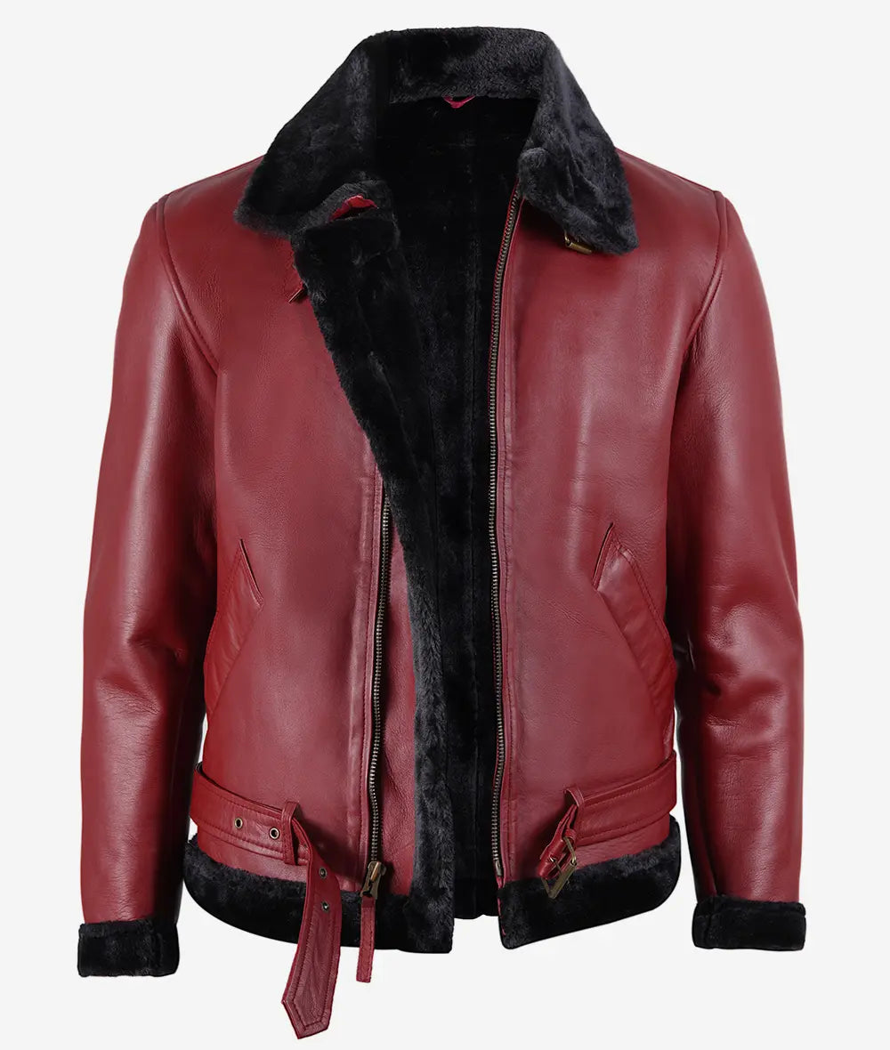 Men's Shearling Maroon Leather Bomber Jacket with a Belted Waist image 1