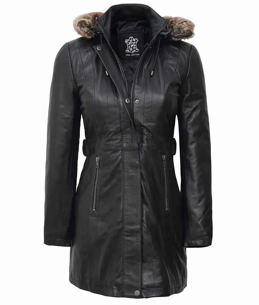 Women's Black Premium Leather Coat | Removable Fur Hood image 1