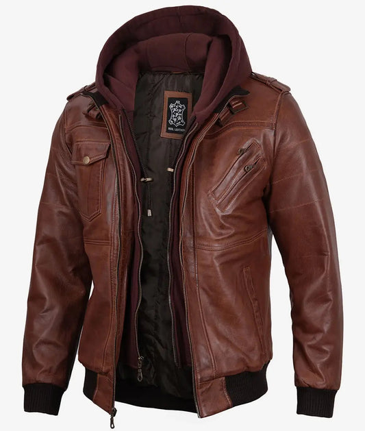 Men's Brown Leather Bomber Jacket With Removable Hood image 0