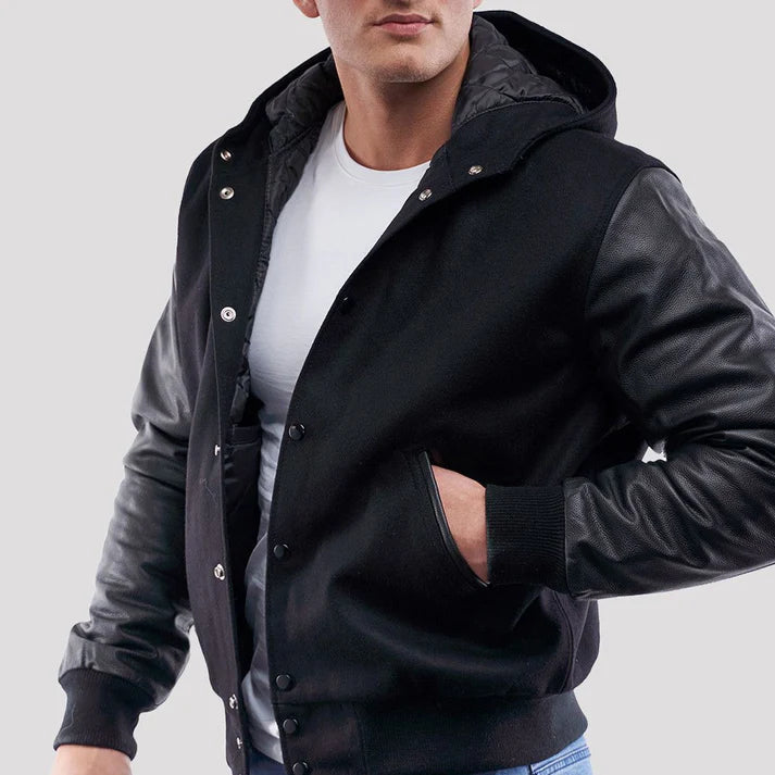 Black Wool Varsity Hoodie Jacket with Black Leather Sleeves image 1