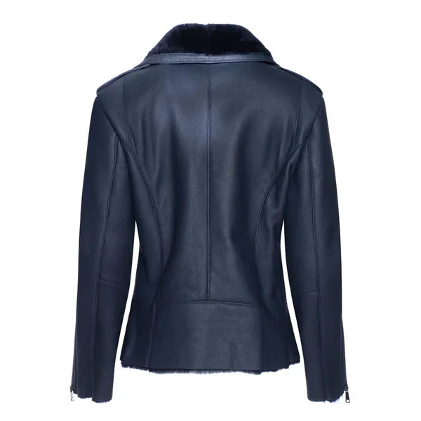 Women's Blue Shearling Straight Leather Jacket image 1
