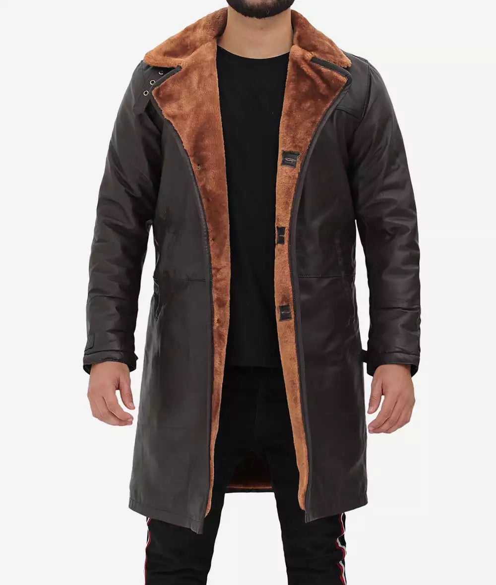 Men's Dark Brown Real Leather Shearling Coat image 1
