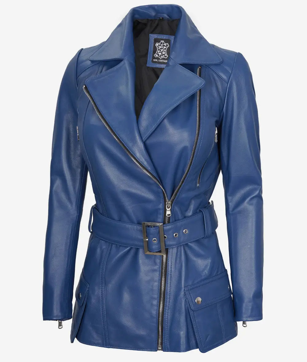 Women's Blue Asymmetrical Belted Moto Leather Jacket image 0